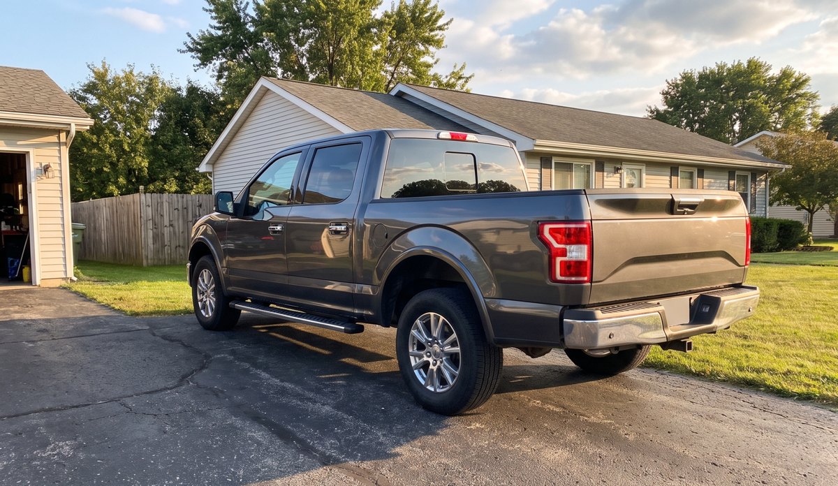 Pickup truck parked in the driveway of a suburban home